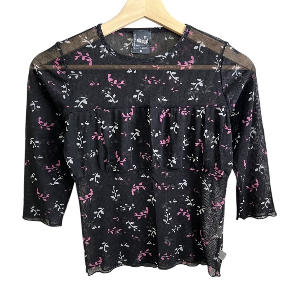 Vintage 90s Levis Silver Tab Womens Sheer Mesh Floral Top Black Y2K Going Out